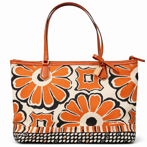 Coach Handbags - COACH Poppy Glam Scarf Print Floral Tote Bag Orange Patent Leather Hangtag Y2K